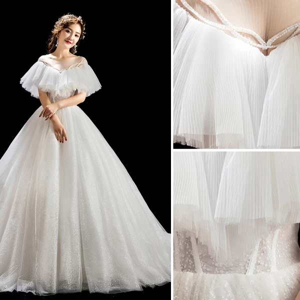 Chic / Beautiful Ivory Wedding Dresses 2019 Ball Gown Scoop Neck Sequins Backless Short Sleeve Chapel Train