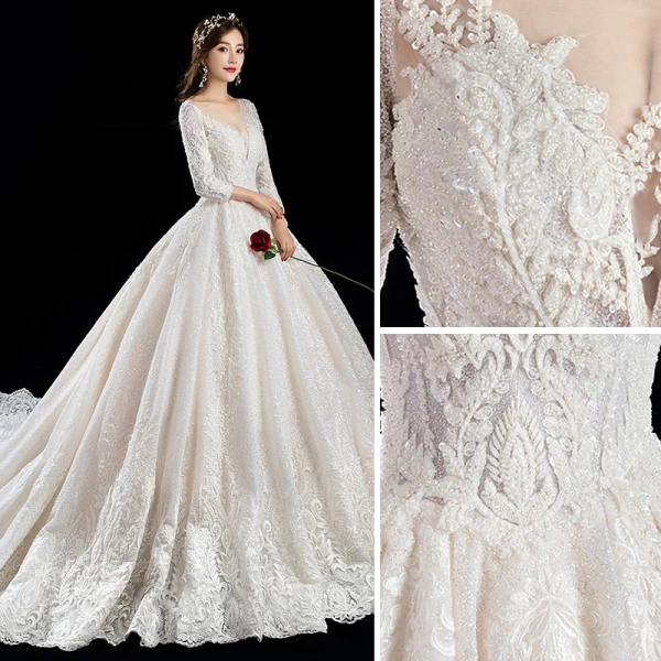 Luxury / Gorgeous Champagne Wedding Dresses 2019 A-Line / Princess Scoop Neck Beading Crystal Sequins Lace Flower 3/4 Sleeve Backless Cathedral Train