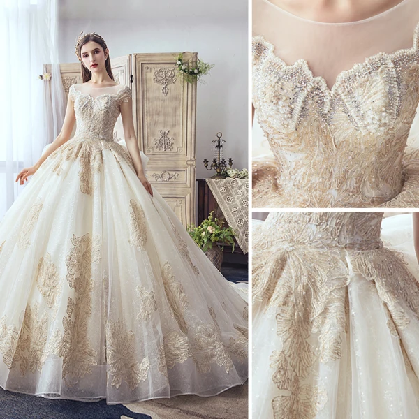 Luxury / Gorgeous Champagne Wedding Dresses 2019 A-Line / Princess Scoop Neck Handmade  Beading Pearl Sequins Rhinestone Lace Flower Short Sleeve Backless Cathedral Train
