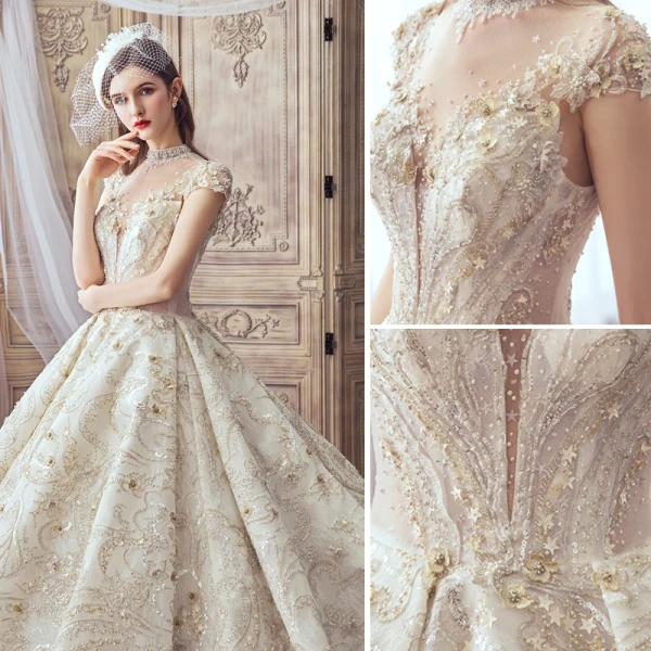 Luxury / Gorgeous Champagne Handmade Beading Wedding Dresses 2019 A-Line / Princess Scoop Neck Lace Flower Star Sequins Cap Sleeves Backless Cathedral Train
