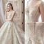Luxury / Gorgeous Champagne Handmade  Beading Wedding Dresses 2019 A-Line / Princess Scoop Neck Lace Flower Star Sequins Cap Sleeves Backless Cathedral Train