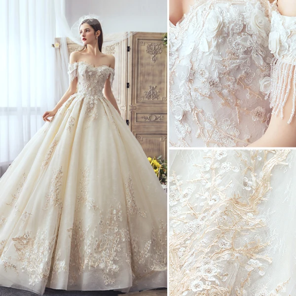 Luxury / Gorgeous Ivory Wedding Dresses 2019 A-Line / Princess Off-The-Shoulder Beading Tassel Appliques Pearl Lace Flower Short Sleeve Backless Royal Train