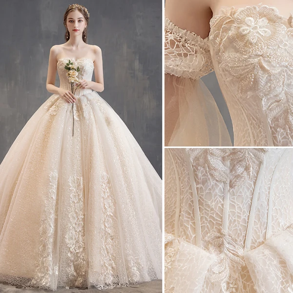 Charming Champagne Wedding Dresses 2019 Ball Gown Strapless Beading Lace Flower Short Sleeve Backless Cathedral Train