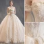 Charming Champagne Wedding Dresses 2019 Ball Gown Strapless Beading Lace Flower Short Sleeve Backless Cathedral Train
