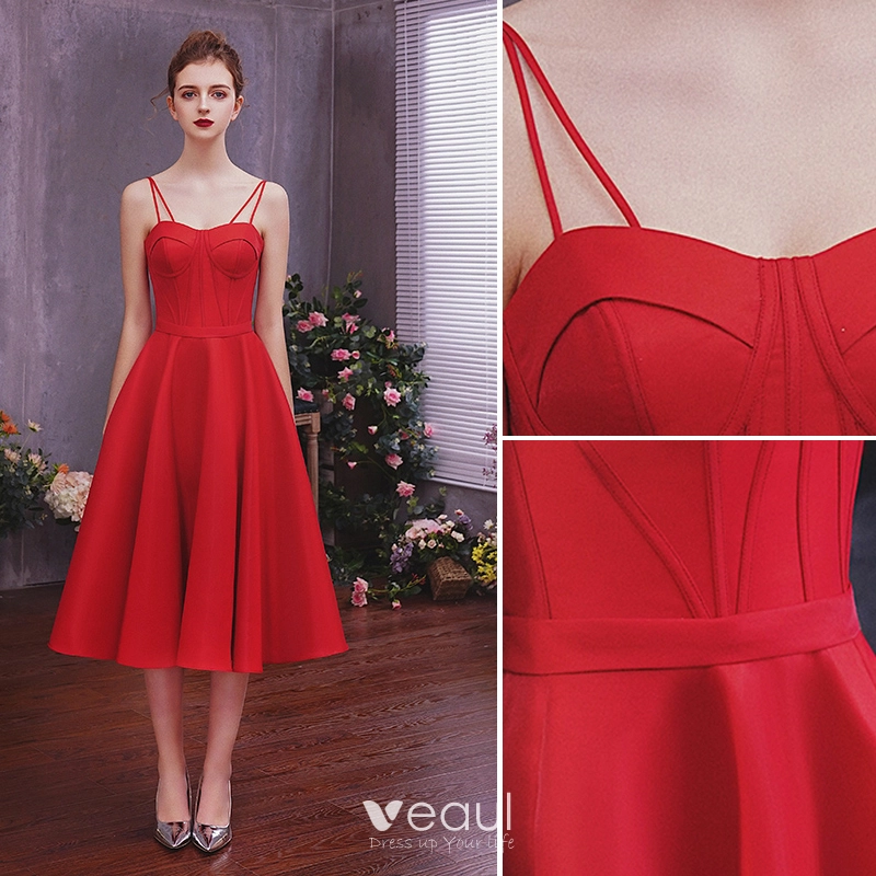 Chic / Beautiful Solid Color Burgundy Homecoming Graduation Dresses 2019 A-Line / Princess Spaghetti Straps Sleeveless Backless Tea-length Formal