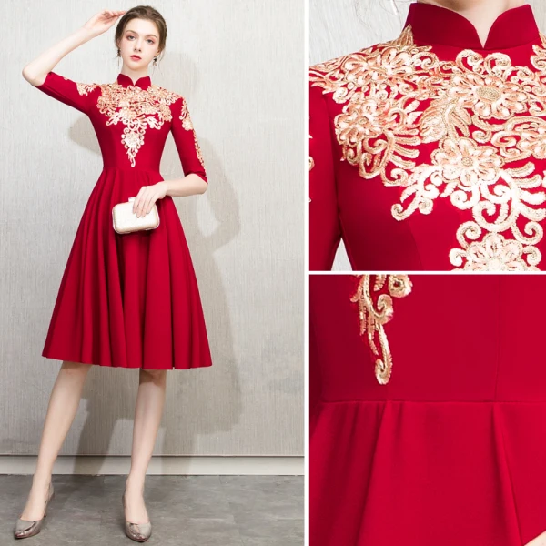 Chinese style Burgundy Evening Dresses  2019 A-Line / Princess High Neck Gold Lace Flower 1/2 Sleeves Knee-Length Formal Dresses