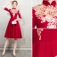 Chinese style Burgundy Evening Dresses  2019 A-Line / Princess High Neck Gold Lace Flower 1/2 Sleeves Knee-Length Formal Dresses