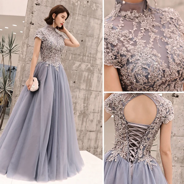 Elegant Pool Blue Evening Dresses 2019 A-Line / Princess High Neck Sequins Lace Flower Short Sleeve Backless Floor-Length / Long Formal Dresses