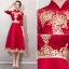 Chinese style Burgundy Evening Dresses  2019 A-Line / Princess High Neck Sequins Lace Flower 1/2 Sleeves Tea-length Formal Dresses