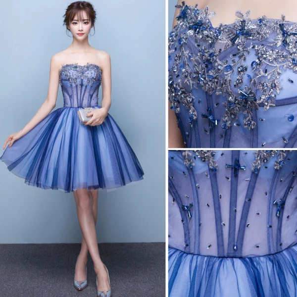 Sexy Meeresblau Cocktailkleider 2019 A Linie Bandeau Perlenstickerei Pailletten Kristall Spitze Blumen Ärmellos Rückenfreies Kurze Festliche Kleider