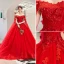 Chic / Beautiful Red Wedding Dresses 2019 A-Line / Princess Off-The-Shoulder Beading Pearl Appliques Lace Flower Sequins Short Sleeve Backless Cathedral Train