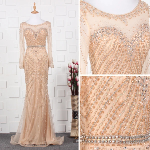Luxury / Gorgeous Gold Handmade  Beading Evening Dresses  2019 Trumpet / Mermaid Scoop Neck Crystal Rhinestone Long Sleeve Sweep Train Formal Dresses