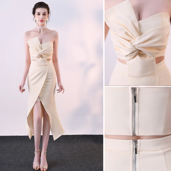 Sexy Champagne 2 Pièces Robe De Soirée 2019 Trompette / Sirène Bustier Noeud Sans Manches Dos Nu Courte Robe De Ceremonie