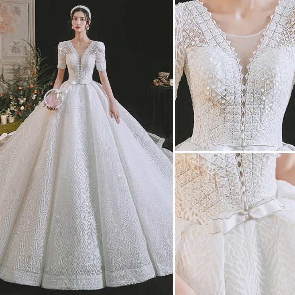 Luxury / Gorgeous White Wedding Dresses 2021 Ball Gown Scoop Neck Beading Pearl Rhinestone Bow Short Sleeve Backless Royal Train Wedding