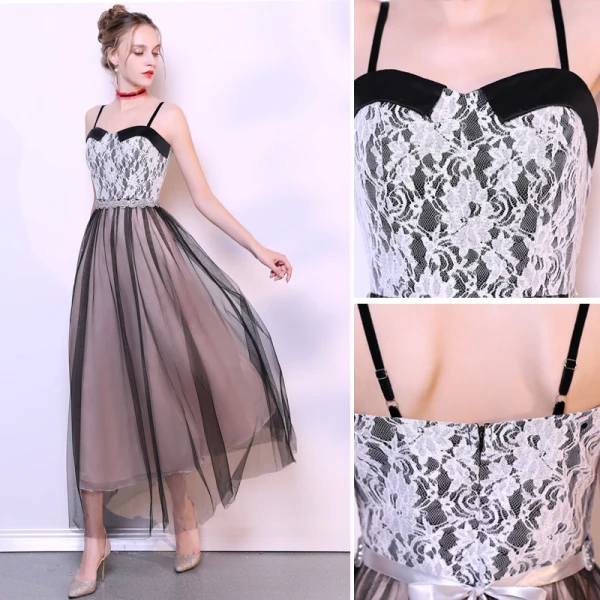 Flotte Sorte Homecoming Graduation Kjoler 2019 Prinsesse Spaghetti Straps Sløjfe Med Blonder Blomsten Ærmeløs Halterneck Ankel Længde Kjoler