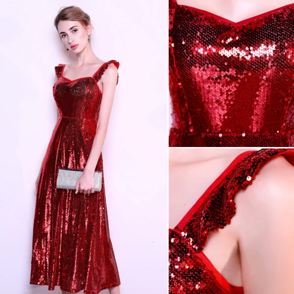Chic / Belle Bordeaux de retour Robe De Graduation 2019 Princesse Encolure Carrée Paillettes Sans Manches Dos Nu Longueur Cheville Robe De Ceremonie