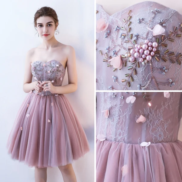 Sexy Blushing Pink Cocktail Dresses 2019 A-Line / Princess Strapless Appliques Pearl Crystal Lace Flower Sleeveless Backless Short Formal Dresses