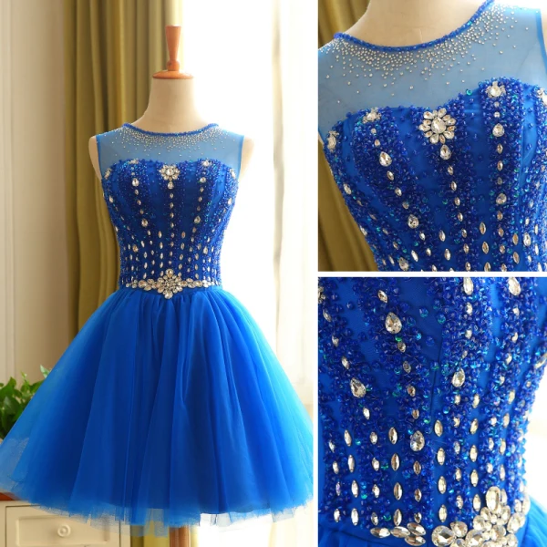 Chic / Beautiful Royal Blue Cocktail Dresses 2019 A-Line / Princess Scoop Neck Crystal Rhinestone Sleeveless Backless Short Formal Dresses Chic / Beautiful Royal Blue Cocktail Dresses 2019 A-Line / Princess Scoop Neck Crystal Rhinestone Sleeveless Backless Short Formal Dresses