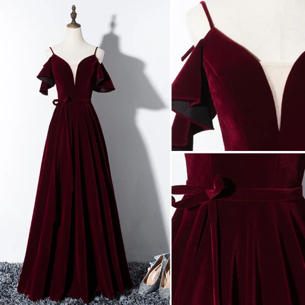 Elegant Burgundy Evening Dresses  2019 A-Line / Princess Spaghetti Straps Suede Bow Short Sleeve Backless Floor-Length / Long Formal Dresses
