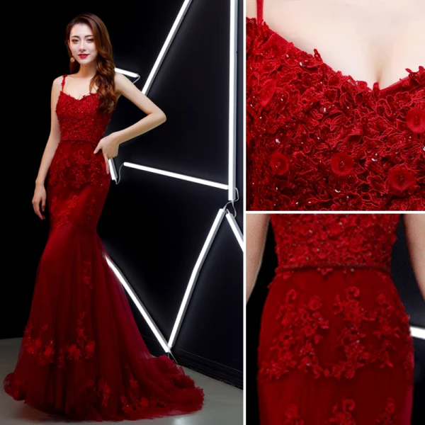 Charmant Bordeaux Robe De Soirée 2019 Trompette / Sirène Bretelles Spaghetti Cristal Appliques En Dentelle Fleur Sans Manches Dos Nu Train De Balayage Robe De Ceremonie