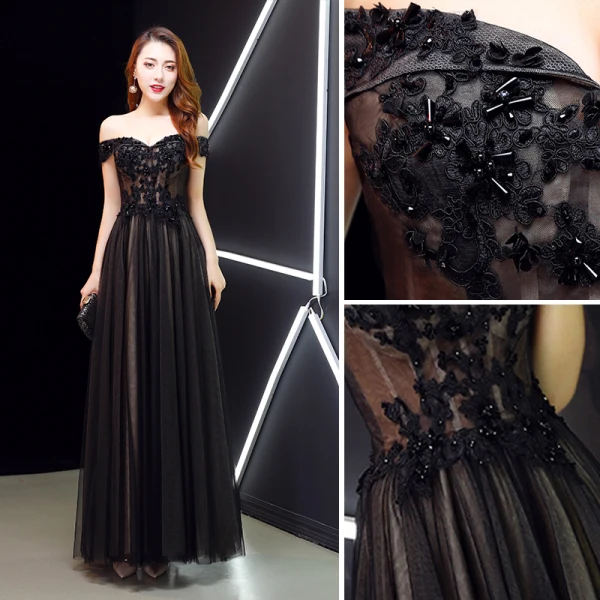 Charming Black Evening Dresses 2019 A-Line / Princess Off-The-Shoulder Crystal Lace Flower Short Sleeve Backless Floor-Length / Long Formal Dresses