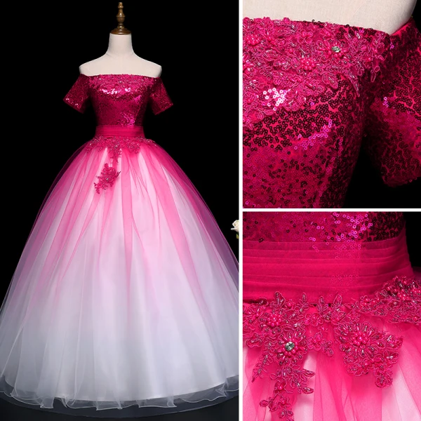 Chic / Beautiful Fuchsia Prom Dresses 2019 Ball Gown Off-The-Shoulder Beading Pearl Crystal Lace Flower Sequins Short Sleeve Backless Floor-Length / Long Formal Dresses