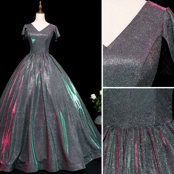 Vintage / Retro Silver Prom Dresses 2019 A-Line / Princess V-Neck Sequins Short Sleeve Backless Floor-Length / Long Formal Dresses