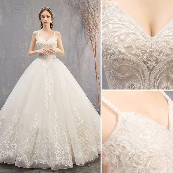 Elegant Ivory Wedding Dresses 2019 Ball Gown Spaghetti Straps Beading Sequins Lace Flower Sleeveless Backless Cathedral Train