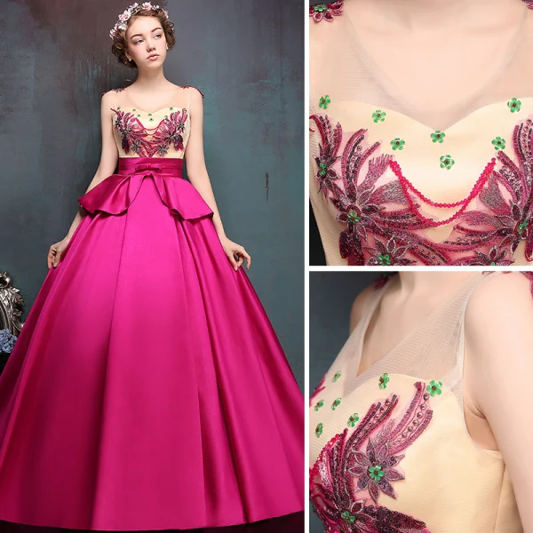 Chic / Beautiful Fuchsia Prom Dresses 2019 A-Line / Princess V-Neck Lace Flower Bow Sequins Sleeveless Backless Floor-Length / Long Formal Dresses