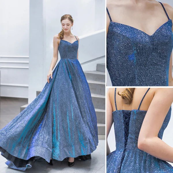 Glitzernden Meeresblau Abendkleider 2019 A Linie Spaghettiträger Pailletten Ärmellos Rückenfreies Sweep / Pinsel Zug Festliche Kleider