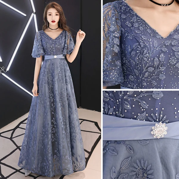 Elegant Pool Blue Evening Dresses  2019 A-Line / Princess V-Neck Rhinestone Lace Flower Sash Short Sleeve Backless Floor-Length / Long Formal Dresses
