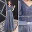 Elegant Pool Blue Evening Dresses  2019 A-Line / Princess V-Neck Rhinestone Lace Flower Sash Short Sleeve Backless Floor-Length / Long Formal Dresses