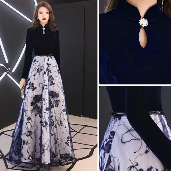 Elegant Navy Blue Evening Dresses 2019 A-Line / Princess High Neck Suede Rhinestone Long Sleeve Floor-Length / Long Formal Dresses