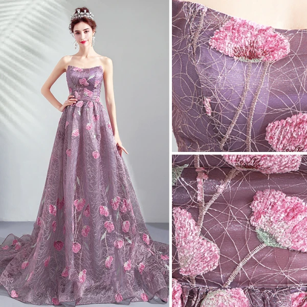 Chic / Beautiful Purple Prom Dresses 2019 A-Line / Princess Strapless Lace Flower Sleeveless Backless Sweep Train Formal Dresses