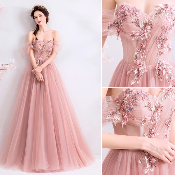 Flotte Lyserød Gallakjoler 2019 Prinsesse Off-The-Shoulder Perle Rhinestone Med Blonder Blomsten Ærmeløs Halterneck Lange Kjoler