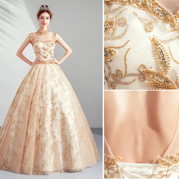 Élégant Doré Robe De Bal 2019 Princesse Col Haut Perlage Paillettes En Dentelle Fleur Sans Manches Dos Nu Longue Robe De Ceremonie