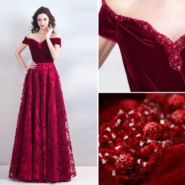 Chic / Beautiful Burgundy Evening Dresses 2019 A-Line / Princess Off-The-Shoulder Suede Crystal Short Sleeve Backless Floor-Length / Long Formal Dresses