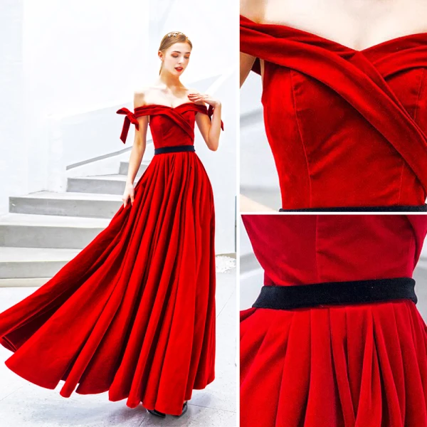 Schöne Einfarbig Rot Abendkleider 2019 A Linie Off Shoulder Wildleder Schleife Ärmellos Rückenfreies Lange Festliche Kleider