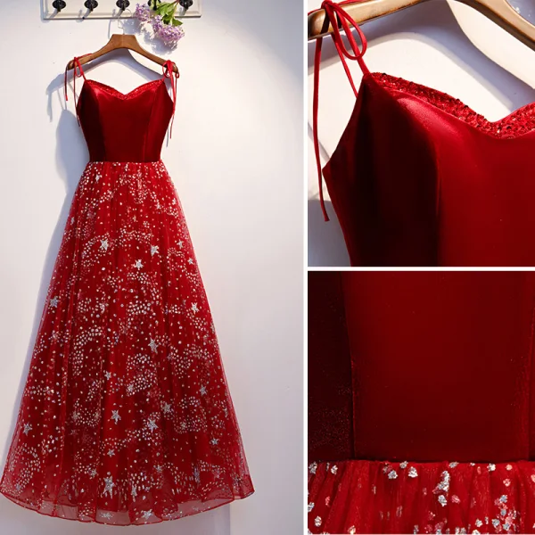 Modern / Fashion Burgundy Evening Dresses  2019 A-Line / Princess Spaghetti Straps Suede Star Sequins Sleeveless Backless Floor-Length / Long Formal Dresses