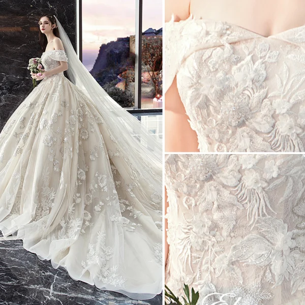 Classy Ivory Wedding Dresses 2019 Ball Gown Off-The-Shoulder Beading Sequins Lace Flower Short Sleeve Backless Cathedral Train