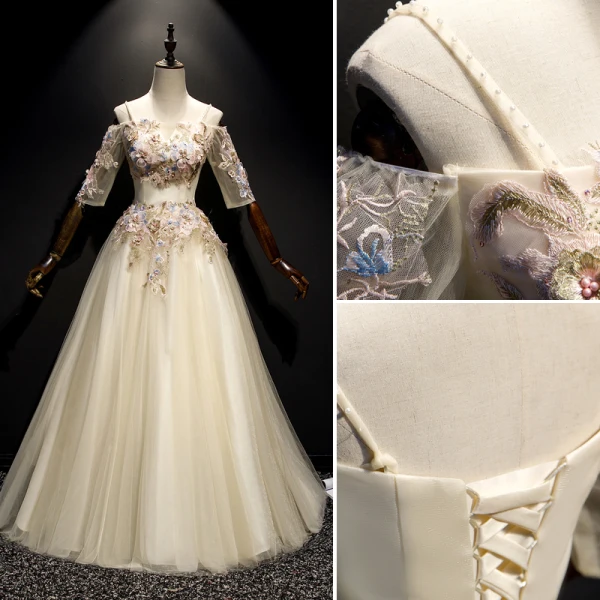 Elegant Champagne Prom Dresses 2019 A-Line / Princess Spaghetti Straps Pearl Lace Flower Appliques 1/2 Sleeves Backless Floor-Length / Long Formal Dresses