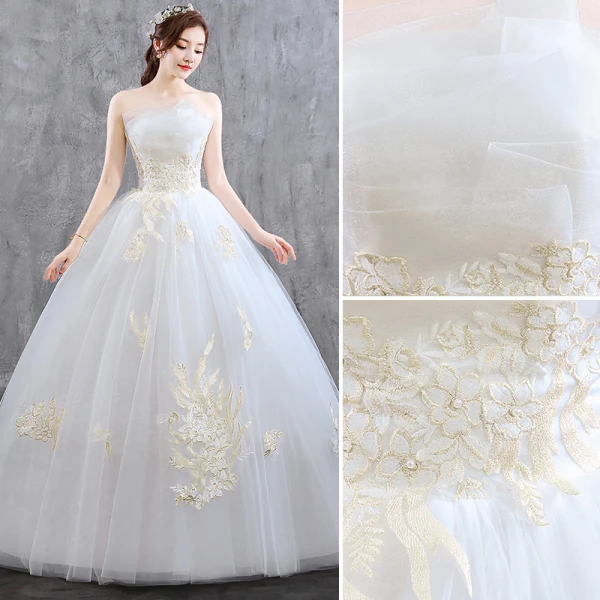 Affordable Ivory Wedding Dresses 2019 Ball Gown Strapless Lace Flower Sleeveless Backless Floor-Length / Long
