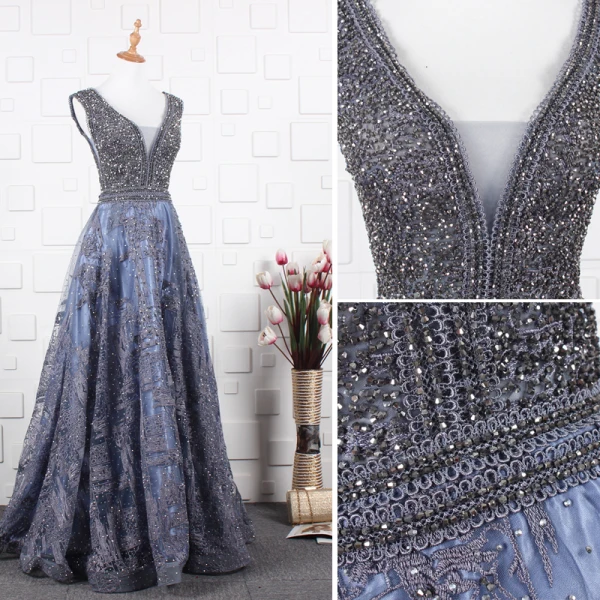Luxury / Gorgeous Ocean Blue Handmade Beading Evening Dresses 2019 A-Line / Princess V-Neck Crystal Lace Flower Sleeveless Backless Floor-Length / Long Formal Dresses