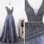 Luxury / Gorgeous Ocean Blue Handmade  Beading Evening Dresses  2019 A-Line / Princess V-Neck Crystal Lace Flower Sleeveless Backless Floor-Length / Long Formal Dresses