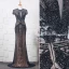 Luxe Bleu Marine Fait main Perlage Robe De Soirée 2019 Trompette / Sirène Encolure Dégagée Faux Diamant Cristal Manches Courtes Train De Balayage Robe De Ceremonie