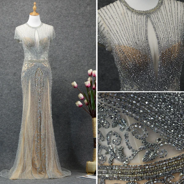 Luxury / Gorgeous Silver Evening Dresses  2019 Trumpet / Mermaid Scoop Neck Handmade  Beading Crystal Short Sleeve Sweep Train Formal Dresses