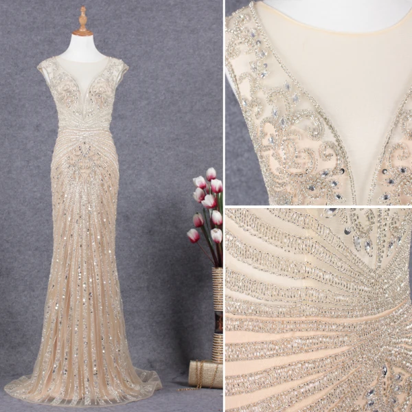 Charmant Champagne Robe De Soirée 2019 Trompette / Sirène Encolure Dégagée Fait main Perlage Cristal Paillettes Sans Manches Train De Balayage Robe De Ceremonie