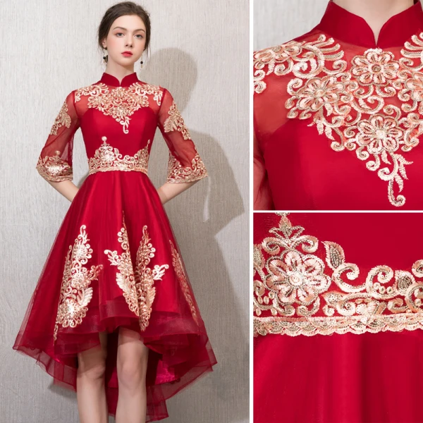 Chic / Beautiful Burgundy Cocktail Dresses 2019 A-Line / Princess High Neck Gold Lace Flower 1/2 Sleeves Asymmetrical Formal Dresses