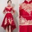 Chic / Beautiful Burgundy Cocktail Dresses 2019 A-Line / Princess High Neck Gold Lace Flower 1/2 Sleeves Asymmetrical Formal Dresses