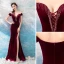 Sexy Burgundy Evening Dresses  2019 Trumpet / Mermaid Off-The-Shoulder Suede Beading Tassel Short Sleeve Backless Split Front Floor-Length / Long Formal Dresses